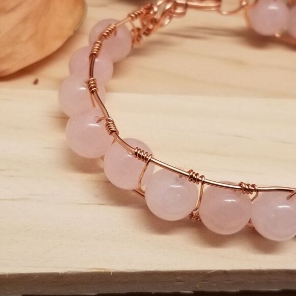 Handmade Rose Quartz Wire Wrapped Bracelet Copper Tone Healing Jewelry - Picture 5 of 6